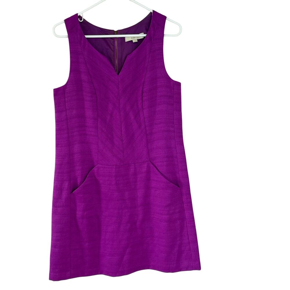 Women's Loft Orchid Purple Textured Shirt Dress V Neck Pockets Size 10